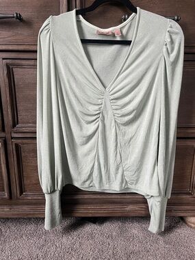 Willow and Root Mint Green Ruched V-Neck Long Sleeve Blouse